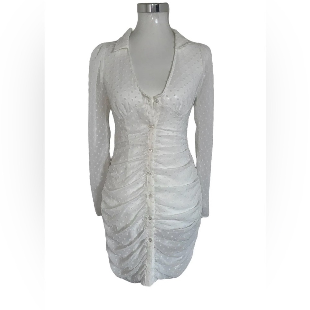 Chic White Ruched Dress with Sheer Sleeves - Picture 5 of 13